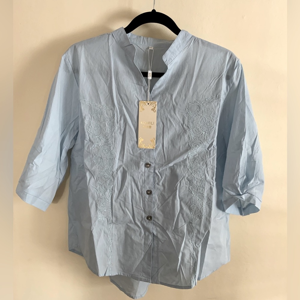Light blue button up embroidered 3/4 sleeve cotton shirt